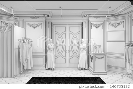 clothing store, interior visualization, 3D illustration clothing store, interior visualization, 3D illustration 140735122