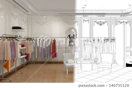 clothing store, interior visualization, 3D illustration clothing store, interior visualization, 3D illustration 140735129