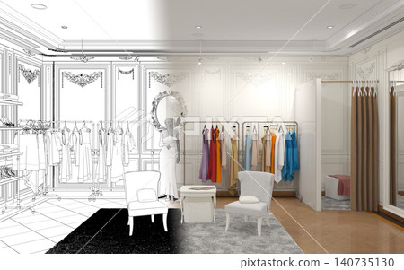 clothing store, interior visualization, 3D illustration 140735130