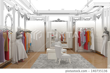 clothing store, interior visualization, 3D illustration clothing store, interior visualization, 3D illustration 140735136
