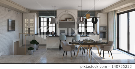 residential interior visualization, 3D illustration, cg residential interior visualization, 3D illustration, cg 140735233