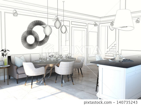residential interior visualization, 3D illustration, cg residential interior visualization, 3D illustration, cg 140735243