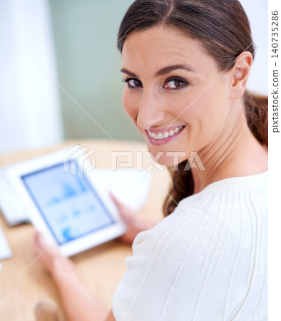 Portrait, woman or tablet on business, data or analysis to forecast, future or bitcoin or ecommerce. Businesswoman, screen or software to search, blockchain or crypto as economy chart document Portrait, woman or tablet on business, data or analysis to forecast, future or bitcoin or ecommerce. Businesswoman, screen or software to search, blockchain or crypto as economy chart document 140735286