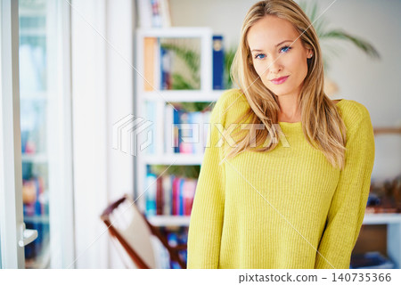 Portrait, calm and woman in a home library for weekend reading, relax or stress relief in house. Book shelf, face and female person in study room for me time, novel or chilling on weekend or day off Portrait, calm and woman in a home library for weekend reading, relax or stress relief in house. Book shelf, face and female person in study room for me time, novel or chilling on weekend or day off 140735366