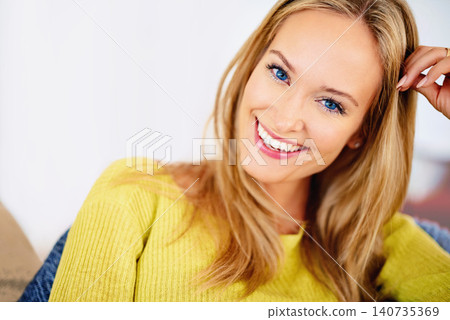 Portrait, home and relax with woman, happiness and weekend break with comfort and vacation in a living room. Face, person and girl with joy or apartment with wellness and calming with peace and smile 140735369