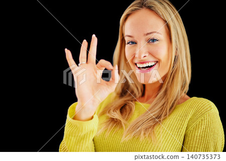 Portrait, perfect or happy woman in studio for beauty or skin approval isolated on black background. Sign, winner or confident person with okay hand gesture or emoji for agreement, like or thank you Portrait, perfect or happy woman in studio for beauty or skin approval isolated on black background. Sign, winner or confident person with okay hand gesture or emoji for agreement, like or thank you 140735373