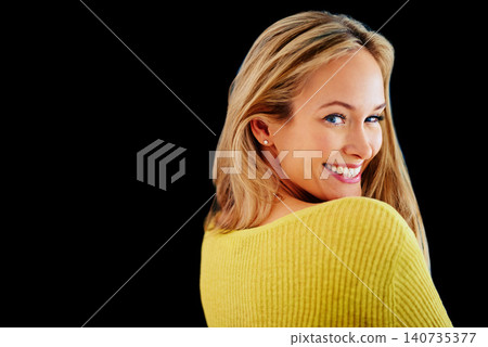 Fashion, mockup or portrait of woman with smile or style in studio isolated on black background space. Clothes, happy lady or back of confident model or person with discount deal, ad offer or sale Fashion, mockup or portrait of woman with smile or style in studio isolated on black background space. Clothes, happy lady or back of confident model or person with discount deal, ad offer or sale 140735377