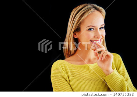 Studio, memory and portrait of woman, thinking and plan for story of fantasy for author in black background. Adult, girl and female person daydreaming of inspiration in mind, contemplating and happy 140735388