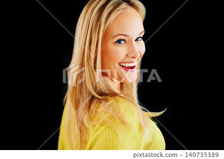 Beauty, confident or portrait of happy woman laughing in studio isolated on black background for results. Skincare, facial cosmetics or face of model, lady or natural female person with shine or glow 140735389