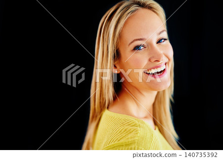 Skincare, space or portrait of happy woman laughing in studio isolated on black background for mockup. Smooth, facial cosmetics or face of confident model or natural female person with shine and glow 140735392