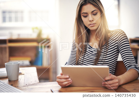 Tablet, planning and business woman in office reading creative information on internet. Coffee, research and professional female designer working on project with digital technology in workplace. Tablet, planning and business woman in office reading creative information on internet. Coffee, research and professional female designer working on project with digital technology in workplace. 140735430