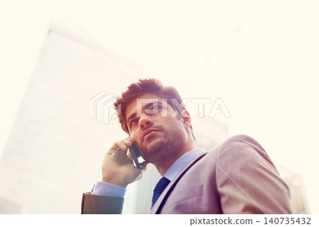 Businessman, smartphone and communication in city for business, corporate and commute to work. Male person, professional and networking in cellphone with connectivity, technology and mobile for talk 140735432
