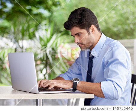 Laptop, typing and businessman in outside cafe, online and work on computer. Keyboard, internet and technology for email for professional male person, freelancer and remote work on website project Laptop, typing and businessman in outside cafe, online and work on computer. Keyboard, internet and technology for email for professional male person, freelancer and remote work on website project 140735440