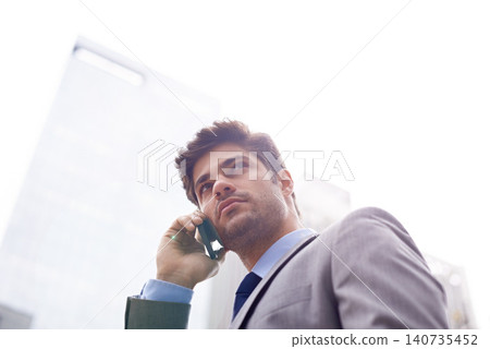 Business man, phone call and speaking in outdoor city, planning and b2b on commute or journey. Professional person, networking and app for communication in urban, negotiation and lawyer consulting 140735452