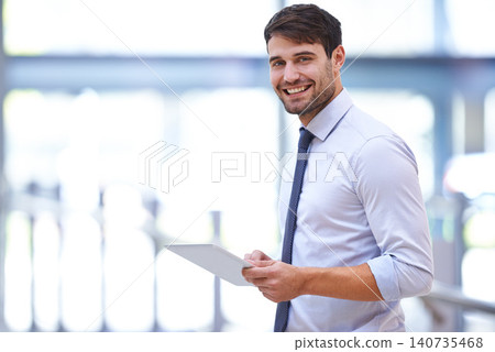 Smile, tablet and portrait of man in office for business research, feedback and job pride. Professional person, technology and happy with confidence for digital schedule, email and communication 140735468