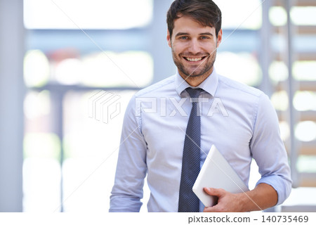 Smile, tablet and portrait of businessman in office for online research, internet and website. Professional person, technology and happy with confidence for job pride, digital schedule and email Smile, tablet and portrait of businessman in office for online research, internet and website. Professional person, technology and happy with confidence for job pride, digital schedule and email 140735469