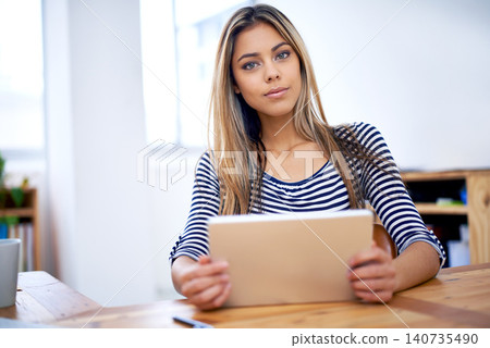 Portrait, businesswoman and tablet at office desk for online browsing, internet or website for creative project. Professional, technology and female person for search, planning or connection Portrait, businesswoman and tablet at office desk for online browsing, internet or website for creative project. Professional, technology and female person for search, planning or connection 140735490