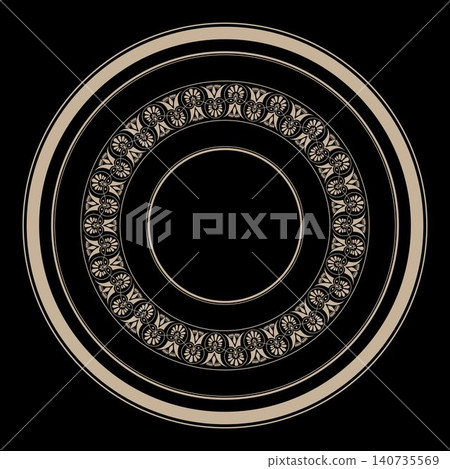 Decorative round frame with greek gold pattern in byzantine style. Vintage ethnic round frame arabesques. Pattern frame for round surface, household utensil, textile, embroidery, laser cutting EPS Decorative round frame with greek gold pattern in byzantine style. Vintage ethnic round frame arabesques. Pattern frame for round surface, household utensil, textile, embroidery, laser cutting EPS 140735569