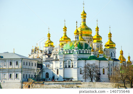 Cathedral of the Assumption of the Most Holy Theotokos. Golden Domes of Kyiv Pechersk Lavra Orthodox Monastery with Cathedral Architecture Cathedral of the Assumption of the Most Holy Theotokos. Golden Domes of Kyiv Pechersk Lavra Orthodox Monastery with Cathedral Architecture 140735646