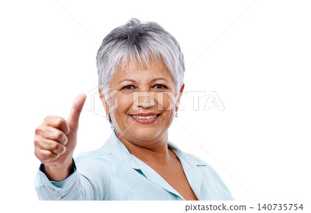 Portrait, senior woman and thumbs up for feedback, support and model isolated on white studio background. Face, mature person and pensioner with hand gesture and review with agreement, emoji and like Portrait, senior woman and thumbs up for feedback, support and model isolated on white studio background. Face, mature person and pensioner with hand gesture and review with agreement, emoji and like 140735754
