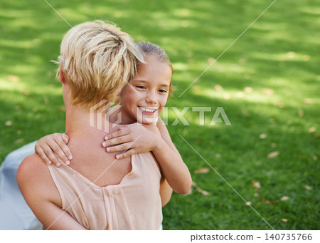 Mother, child and hug on garden grass for bonding connection in park for relax, parenting or summer. Woman, back and daughter embrace on home backyard for travel recreation or love, calm or happiness 140735766
