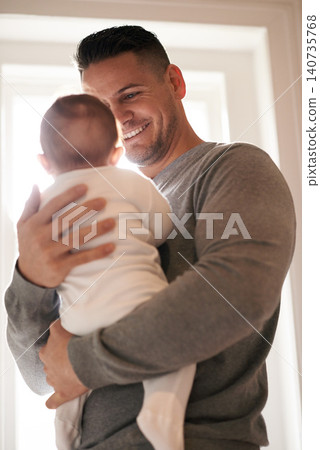 Love, happy or father and baby in a house with care, trust and child development, support or bonding. Family, security and dad with kid at home for learning, safety or morning games with gratitude Love, happy or father and baby in a house with care, trust and child development, support or bonding. Family, security and dad with kid at home for learning, safety or morning games with gratitude 140735768