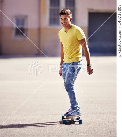 Skating, city and man in street with skateboard for exercise, training and competition in town. Skate park, fashion and young person in trendy, casual outfit and style for sports, hobby and fitness Skating, city and man in street with skateboard for exercise, training and competition in town. Skate park, fashion and young person in trendy, casual outfit and style for sports, hobby and fitness 140735805