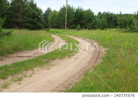 Sandy country road bending through green grass field, winding dirt lane route near pine forest and utility pole Sandy country road bending through green grass field, winding dirt lane route near pine forest and utility pole 140735976