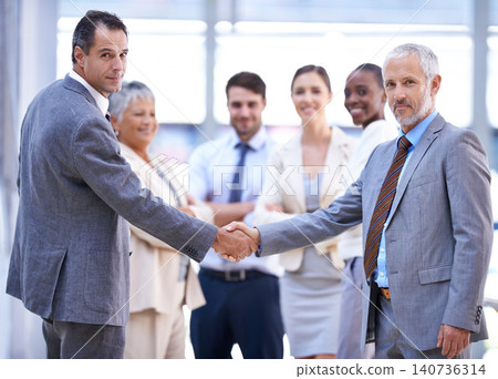 Business people, portrait or shaking hands for deal, b2b collaboration or teamwork in office. Handshake, partnership or proud employee in corporate agreement for meeting success, welcome or thank you Business people, portrait or shaking hands for deal, b2b collaboration or teamwork in office. Handshake, partnership or proud employee in corporate agreement for meeting success, welcome or thank you 140736314