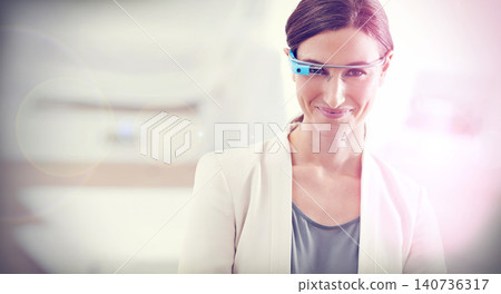 Woman, portrait and futuristic with smart glasses technology for digital communication, biometrics or corporate. Female person, virtual reality and business innovation or cyber, metaverse or online 140736317
