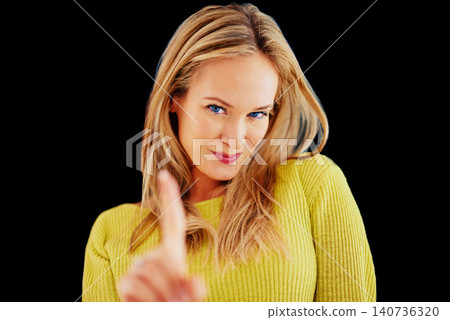 Woman, portrait and studio with hand for number one, symbol and gesture for top choice or decision. Female person, finger and sign for winning or success, victory and champion or vote for product. Woman, portrait and studio with hand for number one, symbol and gesture for top choice or decision. Female person, finger and sign for winning or success, victory and champion or vote for product. 140736320