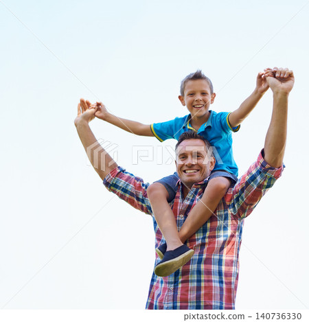 Child, back and man in outdoors for family, bond and play for fun and childhood for break and relax. Boy, father and portrait with smile and happy for recreation and cute in summer on mockup Child, back and man in outdoors for family, bond and play for fun and childhood for break and relax. Boy, father and portrait with smile and happy for recreation and cute in summer on mockup 140736330