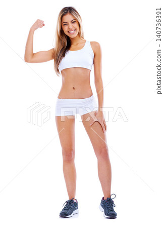 Portrait, woman or fitness as strength, health or energy to exercise, workout or sport in studio. Bodybuilder, flex or smile in success, training or performance in gym on mock up on white background Portrait, woman or fitness as strength, health or energy to exercise, workout or sport in studio. Bodybuilder, flex or smile in success, training or performance in gym on mock up on white background 140736391