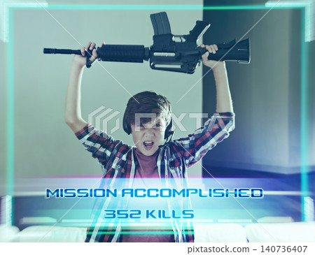 Happy, kid and playing with gun in game or winner of esports competition with overlay of mission success. Gaming, graphic or child gamer in celebration of winning contest or achievement of challenge Happy, kid and playing with gun in game or winner of esports competition with overlay of mission success. Gaming, graphic or child gamer in celebration of winning contest or achievement of challenge 140736407