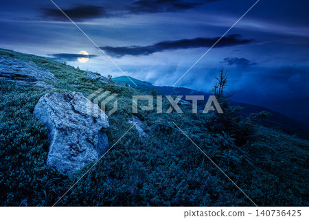green landscape of mountain in summer at night. mysterious view of rock among grass on the hillside. full moon over travel background under a dark sky. mountain scenery with rolling hills green landscape of mountain in summer at night. mysterious view of rock among grass on the hillside. full moon over travel background under a dark sky. mountain scenery with rolling hills 140736425