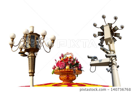 Street lamp and huge flower basket (carved, on white background) in Tiananmen square, Beijing, China Street lamp and huge flower basket (carved, on white background) in Tiananmen square, Beijing, China 140736768
