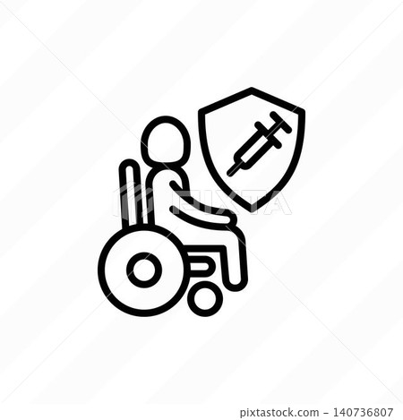 Vaccination, virus protection: disabled in wheelchair is protected by shield with vaccine. Immune system, antibiotics. Thin line icon. Vector illustration. Vaccination, virus protection: disabled in wheelchair is protected by shield with vaccine. Immune system, antibiotics. Thin line icon. Vector illustration. 140736807