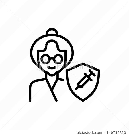 Vaccination, virus protection: elderly woman is protected by shield with vaccine. Immune system, antibiotics. Thin line icon. Vector illustration. Vaccination, virus protection: elderly woman is protected by shield with vaccine. Immune system, antibiotics. Thin line icon. Vector illustration. 140736810