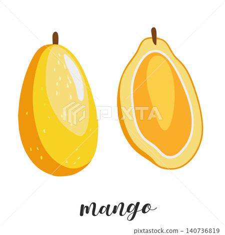 Illustration of hand drawn mango, sliced and whole isolated on white. Summer ripe fruit. Illustration of hand drawn mango, sliced and whole isolated on white. Summer ripe fruit. 140736819