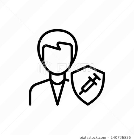 Vaccination, virus protection: man is protected by shield with vaccine. Immune system. Thin line icon. Vector illustration. Vaccination, virus protection: man is protected by shield with vaccine. Immune system. Thin line icon. Vector illustration. 140736826