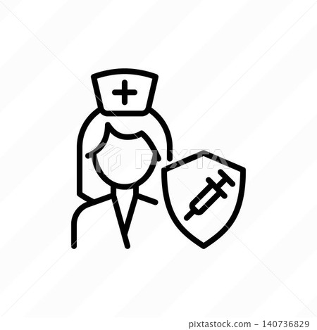 Vaccination for medical staff. Virus protection: nurse is protected by shield with vaccine. Immune system. Thin line icon. Vector illustration. Vaccination for medical staff. Virus protection: nurse is protected by shield with vaccine. Immune system. Thin line icon. Vector illustration. 140736829