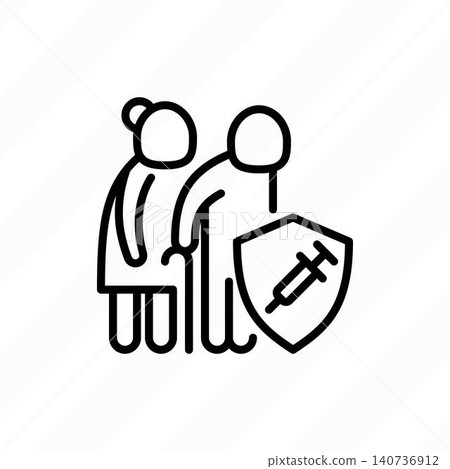 Senior couple vaccination. Virus protection: elderly woman and elderly man is protected by shield with vaccine. Immune system. Thin line icon. Vector illustration. 140736912