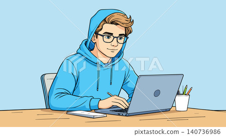 Young character drawing working on laptop computer Young character drawing working on laptop computer 140736986