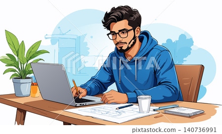 Young man combining laptop work with creative drawing Young man combining laptop work with creative drawing 140736991