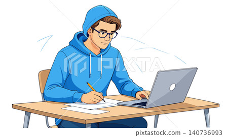 Young student learning, typing, and writing notes 140736993