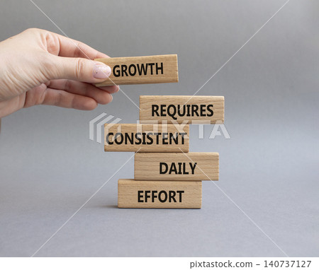 GROWTH symbol. Wooden blocks with words GROWTH REQUIRES CONSISTENT DAILY EFFORT. Beautiful grey background. Business and GROWTH concept. Copy space GROWTH symbol. Wooden blocks with words GROWTH REQUIRES CONSISTENT DAILY EFFORT. Beautiful grey background. Business and GROWTH concept. Copy space 140737127
