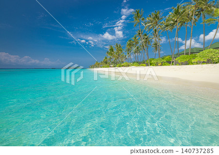 Beautiful tropical beach palm trees soft white sand. Turquoise lagoon lush island greenery. Sunny paradise shore summer sky, peaceful exotic coastal escape Beautiful tropical beach palm trees soft white sand. Turquoise lagoon lush island greenery. Sunny paradise shore summer sky, peaceful exotic coastal escape 140737285