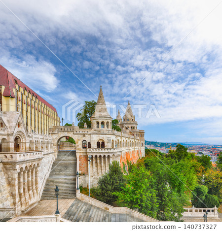 Gorgeous cityscape of Budapest with Fisherman Bastion on the Buda Hill in Budapest. Gorgeous cityscape of Budapest with Fisherman Bastion on the Buda Hill in Budapest. 140737327