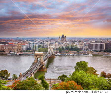 Gorgeous cityscape of Budapest with Szechenyi Chain bridge over Danube river. Gorgeous cityscape of Budapest with Szechenyi Chain bridge over Danube river. 140737328