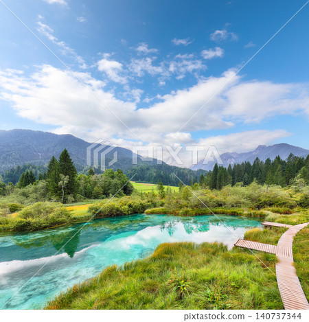 Gorgeous summer view on Zelenci lake with beautiful reflections in water. Gorgeous summer view on Zelenci lake with beautiful reflections in water. 140737344